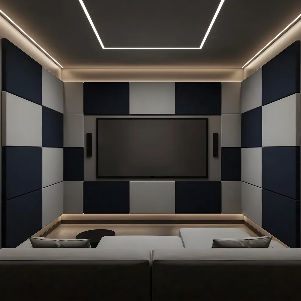Acoustic treatment panels in a home theater room