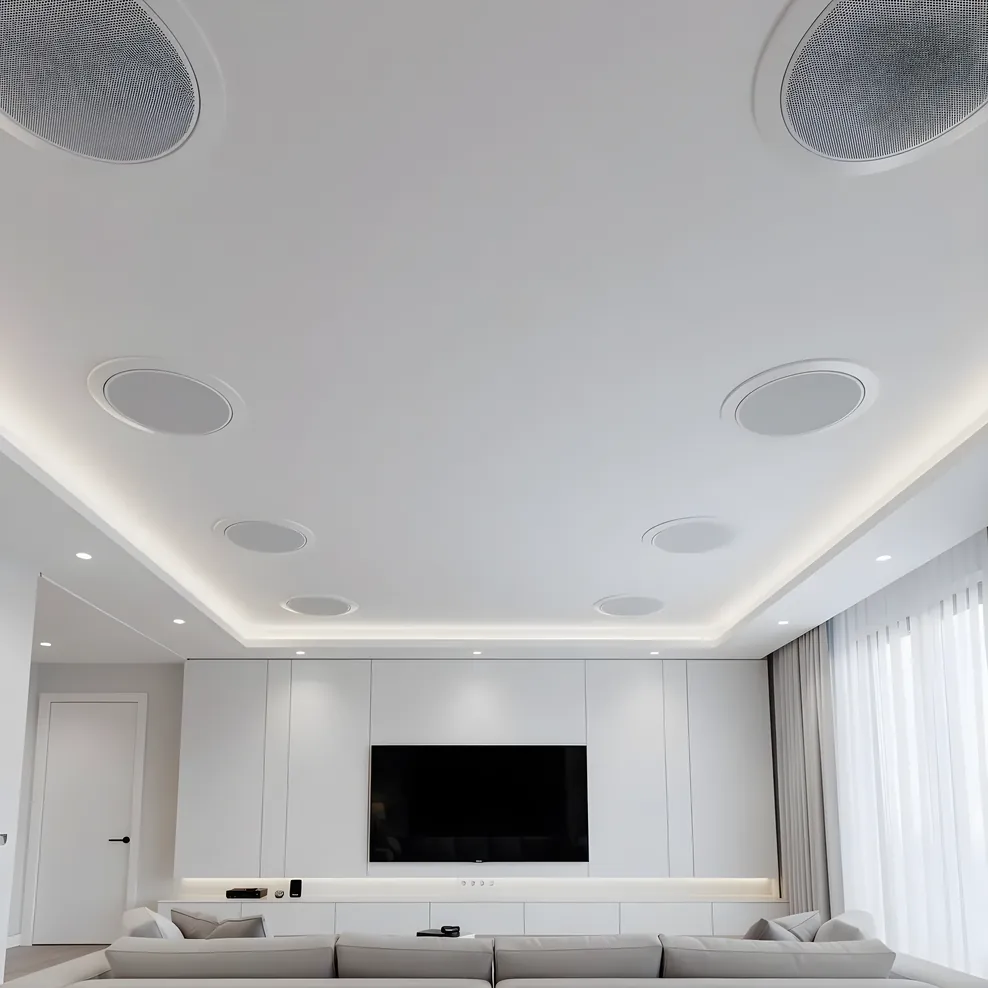 Dolby Atmos in-ceiling speakers installed flush in white ceiling