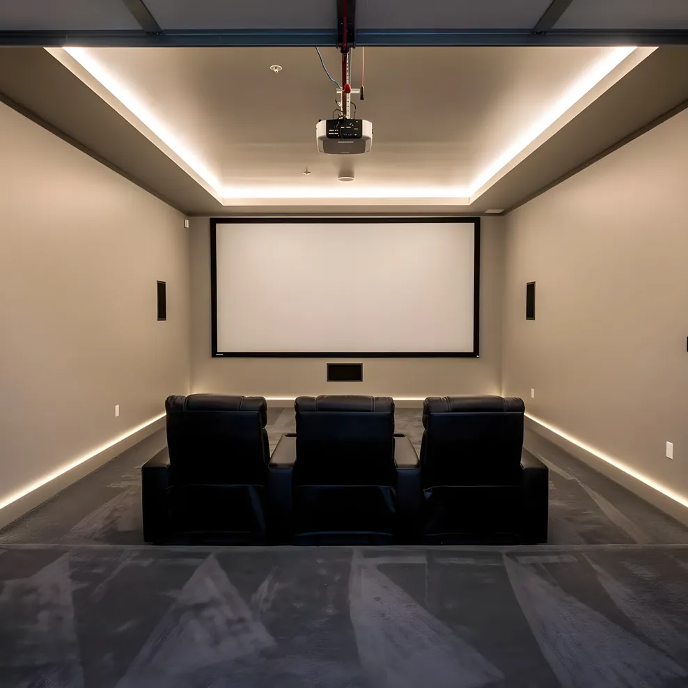Garage converted into home theater with projection screen and carpet