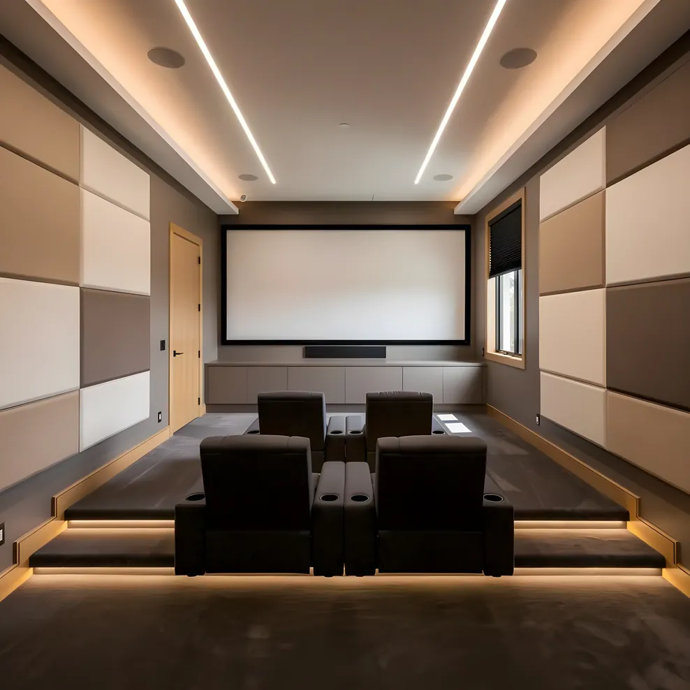 Modern home theater design with acoustic panels and recessed lighting