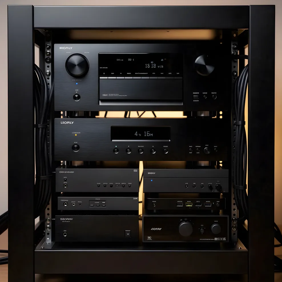 Home theater AV equipment rack with receiver and amplifier