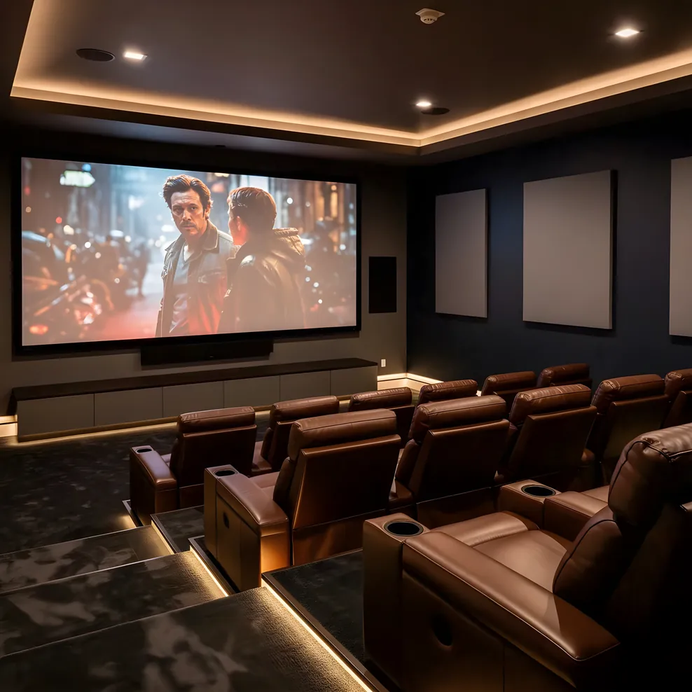 Luxury home theater with recliner seating and large projection screen