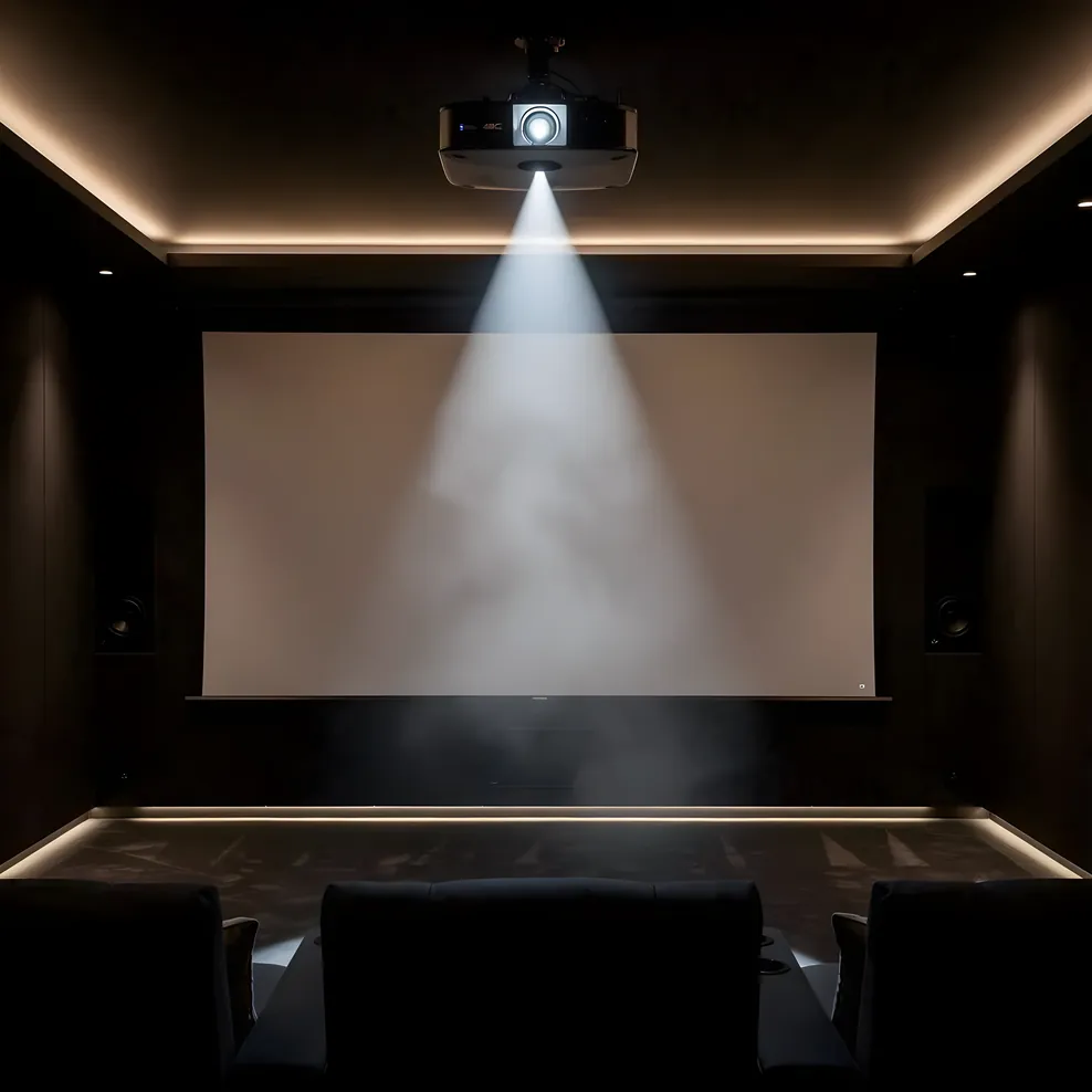 Home theater projector casting light onto screen in dark room