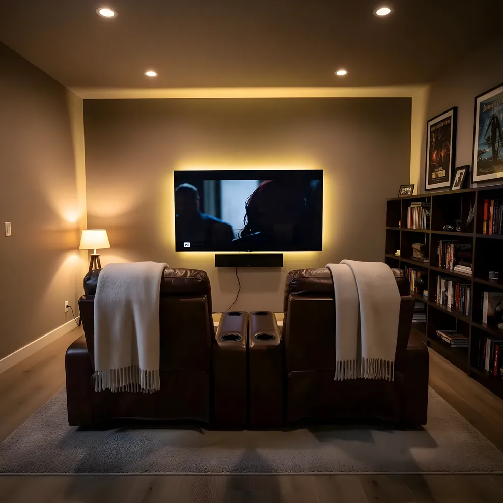 Small cozy home theater room with two recliners and large TV