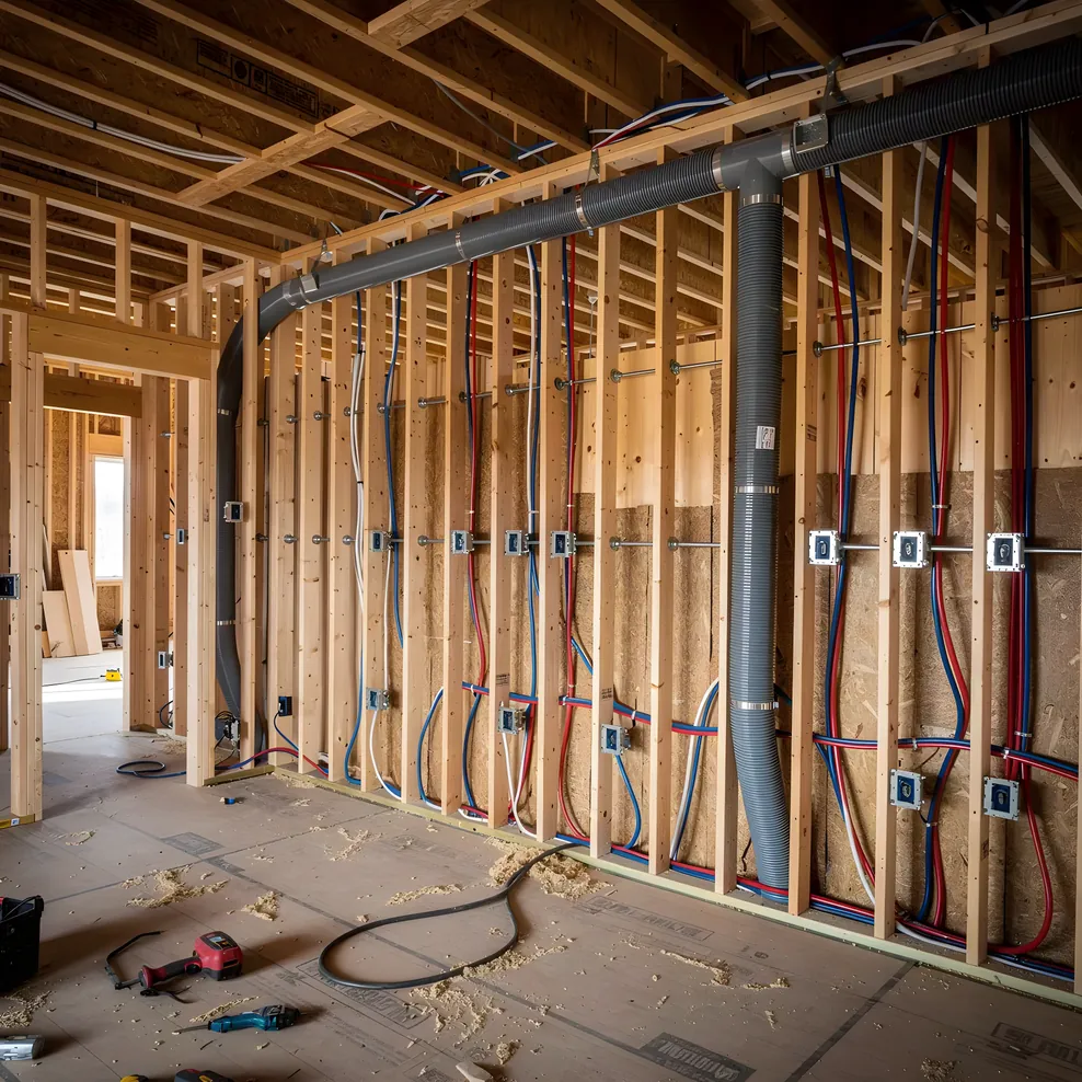 Home theater room under construction with speaker wire and conduit