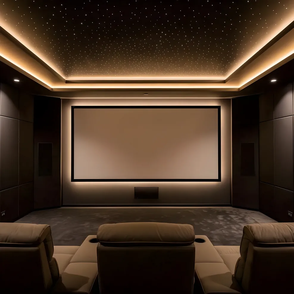 Home theater LED cove lighting and bias lighting behind screen