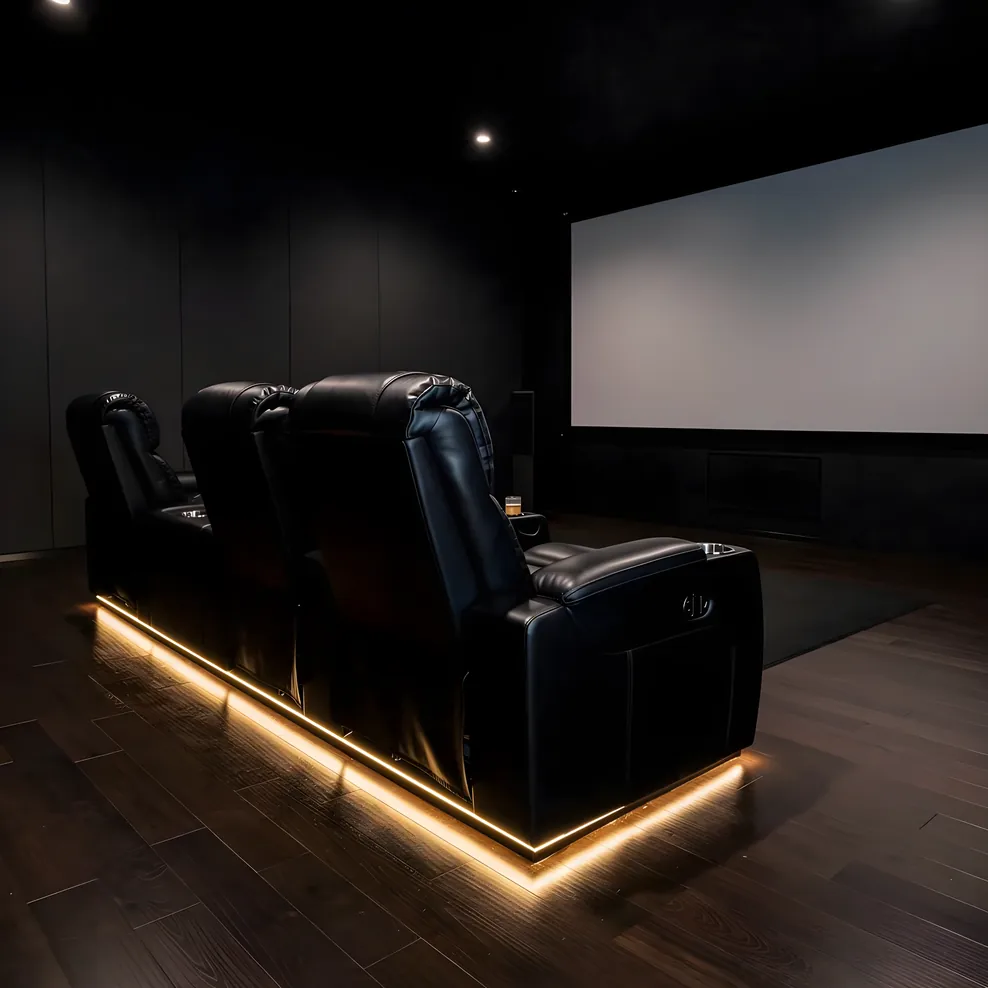 Row of leather home theater recliners with ambient lighting